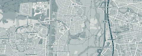 Kartenausschnitt Erlanger Westen mit Alterlangen und Büchenbach, westlich der Regnitz