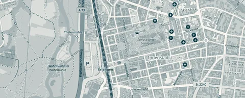 Kartenausschnitt Erlanger Innenstadt und Altstadt mit Schlossgarten